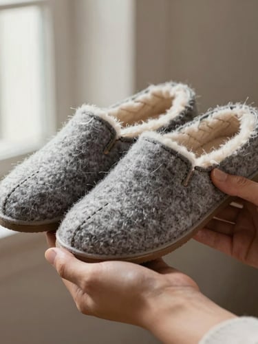 Close-up of hands holding a premium Haflinger wool felt slipper, showing the rich texture of the natural wool and clean stitching, soft side window lighting.