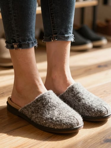 Close-up of a customer trying on a soft wool felt slipper in a warm-toned boutique, natural wooden floors, soft golden hour sunlight.
