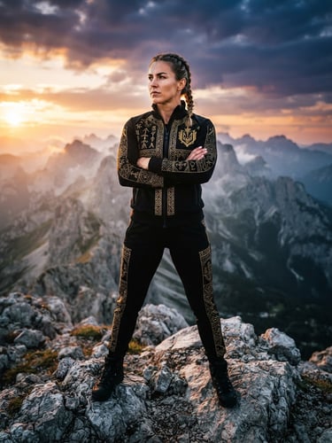 Low-angle heroic portrait of a Caucasian model in a powerful stance, wearing a custom black embroidered tracksuit, dramatic mountain side-lighting, obsidian and gold tones, sharp focus, 35mm