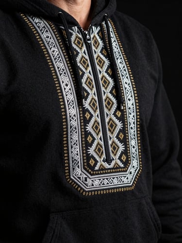 Dramatic side-lit close-up of intricate silver and gold embroidery on a heavy black cotton hoodie, traditional Caucasian geometric patterns, sharp focus on heritage-grade thread, deep obsidian background