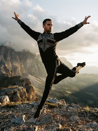 Low-angle heroic shot of a model in a black custom-embroidered Kafkasstyle tracksuit, dynamic pose evoking traditional Caucasian dance stance, dramatic mountain sunlight, high-contrast side-lighting, 35mm