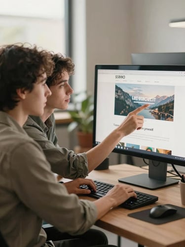 Two people seated side by side at a monitor reviewing a finished website together, one pointing at the screen, warm natural office light, relaxed collaborative atmosphere, no posed smiles