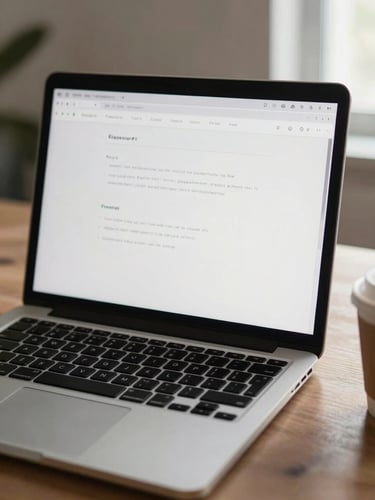 Close-up of a laptop screen showing a clean website interface on an uncluttered desk, soft natural daylight from the right, a single coffee cup partially visible at the edge of frame