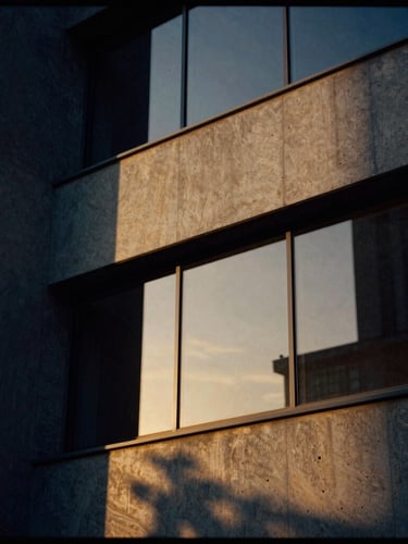 Cinematic editorial photography, dramatic high-contrast lighting, deep navy and warm gold tones, sharp focus, 35mm film grain, macro shot of architectural concrete and glass reflecting golden hour light.