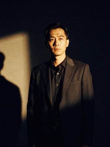 Dramatic high-contrast portrait of an editor in a dark navy studio, warm golden rim light, architectural shadows, cinematic angle, 35mm film grain
