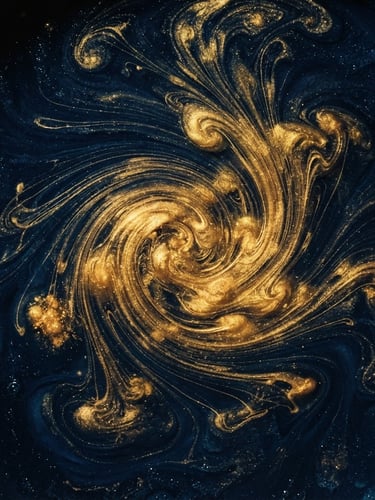 Cinematic editorial photography, dramatic high-contrast lighting, a close-up macro shot of gold ink swirling in deep navy water, sharp focus, 35mm film grain
