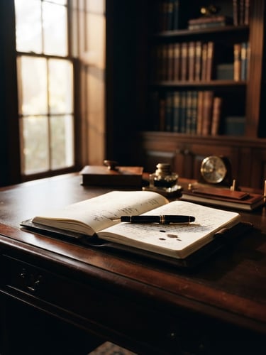 Cinematic editorial photography, dramatic high-contrast lighting, deep navy and warm gold tones, sharp focus, 35mm film grain, a single executive desk with an open journal and a fountain pen, soft morning light streaming through a tall window.