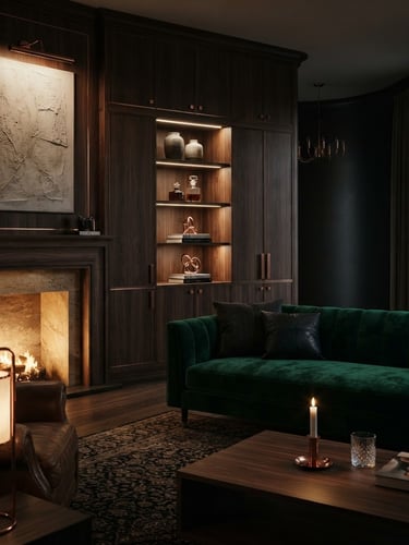 Cinematic interior photography of a luxurious, dimly lit living room with dark walnut wood panels, warm integrated lighting, and copper hardware details, 50mm lens.