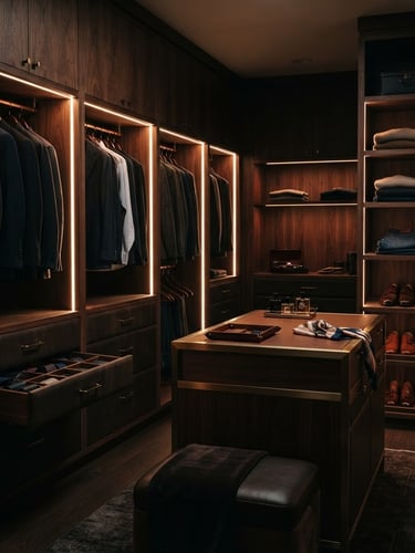 Cinematic interior photography of a luxurious walk-in closet, low-key dramatic lighting, rich dark walnut wood panels, glowing vertical copper LED strips, soft leather drawer inserts, 50mm lens