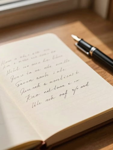 A close-up of an open notebook with elegant handwritten notes on textured cream paper, next to a fountain pen on a warm wooden desk, soft golden hour sunlight, 35mm