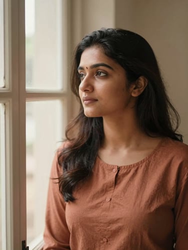 A warm environmental portrait of Sanjana Om looking thoughtfully out a window, soft natural daylight, muted terracotta and cream tones, shallow depth of field, 35mm