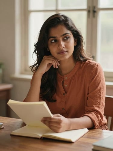 A warm, natural portrait of Sanjana Om sitting by a wooden desk with soft window light, looking thoughtful, holding an open notebook, terracotta and cream tones.