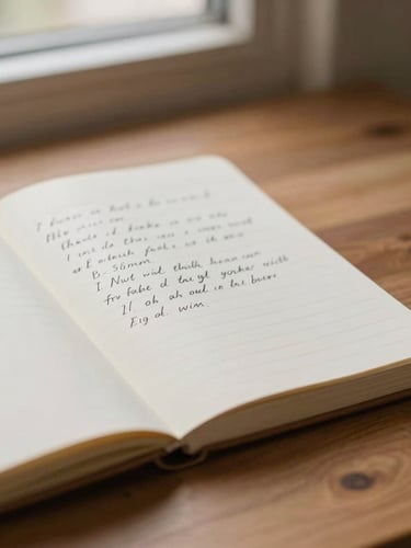 A medium close-up of an open linen notebook with handwritten notes on a warm wooden desk, soft diffused window daylight, muted terracotta and cream tones, shallow depth of field, 35mm.