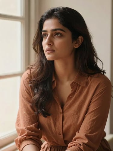Sanjana Om in a warm, natural portrait sitting by a window, soft natural daylight, thoughtful expression, muted terracotta tones, shallow depth of field, 35mm