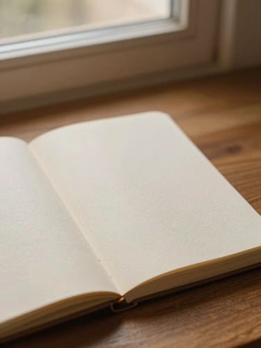 A close-up of an open linen notebook on a wooden desk, textured paper, soft golden window light, warm editorial aesthetic