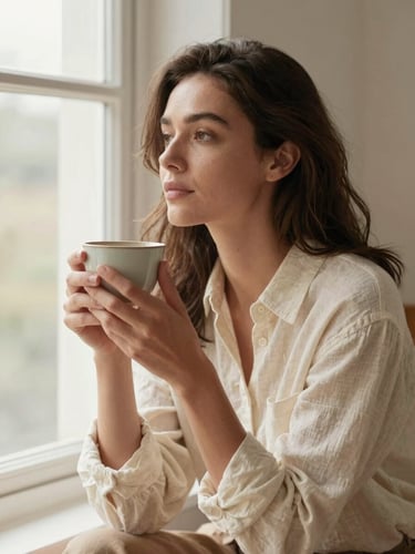 Warm environmental portrait of a woman sitting thoughtfully near a large window, soft morning light, cream linen shirt, holding a ceramic cup, shallow depth of field, 35mm