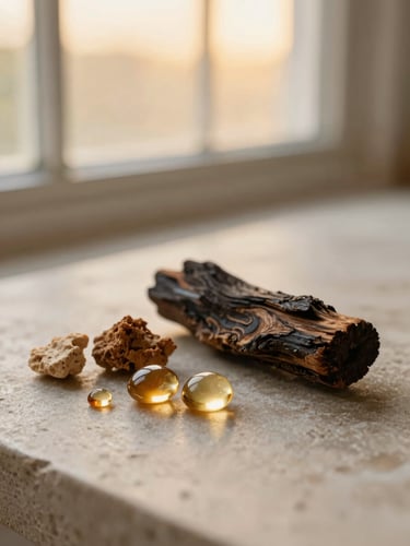 Raw frankincense tears and dark oud wood on a textured stone surface, soft golden-hour window light, shallow depth of field.