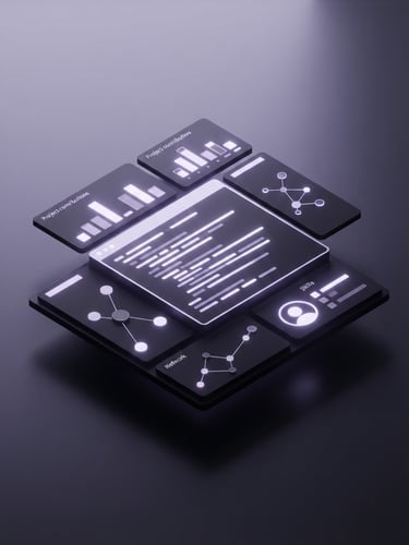 Sleek developer portfolio UI mockup showing live terminal commits, clean IBM Plex Sans typography, isometric view, soft violet glow