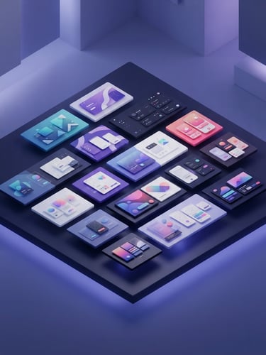Modern designer portfolio layout showing a minimalist grid of creative case studies, Sora typography, isometric perspective, soft indigo glow