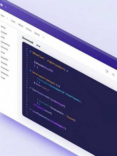 Close-up 3D render of a clean developer portfolio interface, showing code blocks syncing with a live preview, glowing purple accents