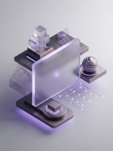 sleek 3D user interface render of a developer portfolio screen, clean studio lighting with soft violet glows, ultra-minimalist aesthetic, front-facing perspective