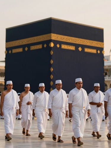 Wide environmental shot of Indonesian pilgrims in clean ihram walking peacefully near the majestic Ka'bah during warm golden hour, soft focus, professional editorial photography.