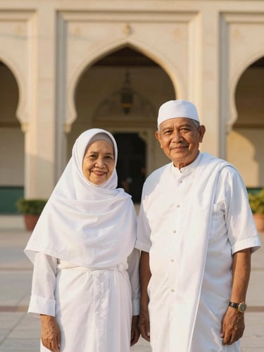 A serene portrait of an Indonesian elderly couple in clean white ihram, smiling peacefully with the soft-focus architectural arches of Masjid Nabawi in the background, warm golden hour light, 35mm photography.