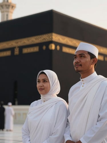A portrait of an Indonesian pilgrim couple in elegant, clean white ihram clothing, looking towards the horizon with serene expressions of peace and devotion. Captured in the courtyard of Masjidil Haram during golden hour, soft natural light, shallow depth of field, 35mm warm editorial photography.