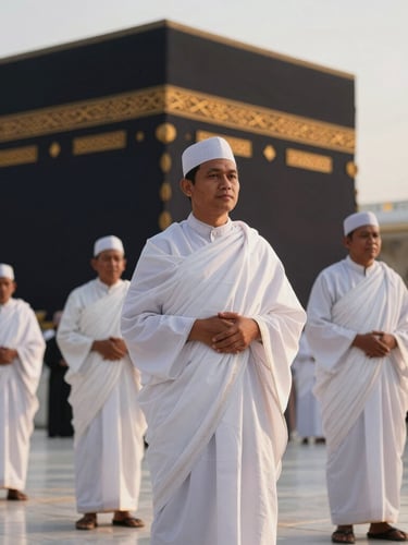Real Indonesian pilgrims in clean ihram clothing standing near the majestic Ka'bah during a serene golden hour, warm light casting long shadows, expression of deep peace and devotion, shallow depth of field.