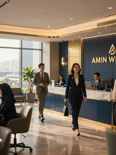Wide environmental shot of the modern Amin Wisata corporate office interior in Jakarta, elegant navy and gold accents, professional staff in modest corporate attire welcoming with a warm smile, soft golden-hour natural light, 35mm.