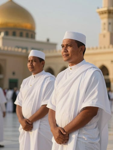 A serene medium portrait of Indonesian pilgrims in clean white ihram clothing standing near the Prophet's Mosque in Medina, warm golden hour sunlight, soft depth of field.
