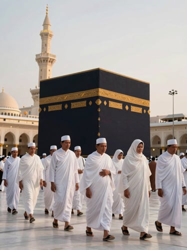 A serene wide shot of the Ka'bah during golden hour, with elegant Indonesian pilgrims in clean ihram walking peacefully, warm editorial photography style.