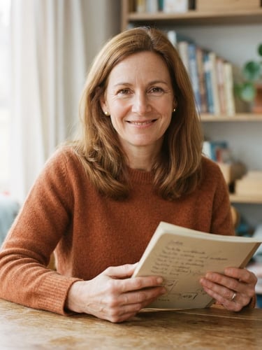 A warm, editorial portrait of Jodie, a kind-faced woman in her 40s, with soft, diffused morning daylight, a gentle smile, shallow depth of field. She is holding a simple, tactile workbook, hands in focus, against a soft, muted background of a quiet home learning corner, 35mm film look.