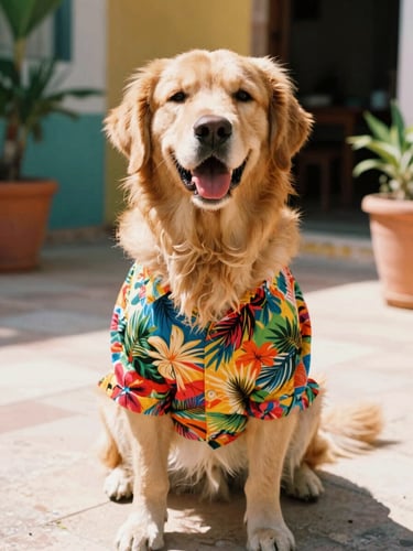 A joyful golden retriever wearing a vibrant tropical shirt, sitting on a sunny patio in Mexico, warm daylight, 35mm film style