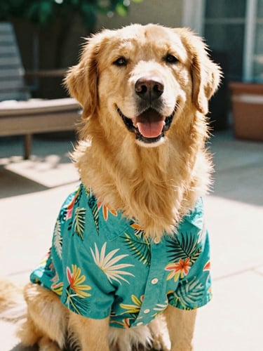 A happy golden retriever wearing a vibrant tropical teal shirt, sitting on a sunny patio, eye-level shot, warm natural daylight, 35mm film style