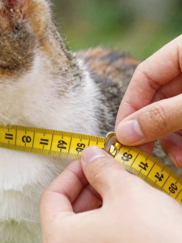 Close-up of hands gently measuring a calm cat's chest with a yellow measuring tape, warm natural daylight, soft focus