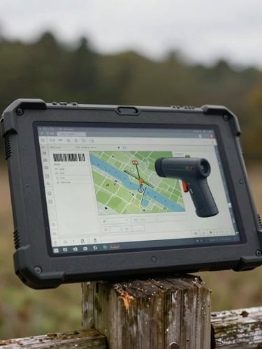 Close-up of a ruggedized tablet screen displaying a technical GIS form with barcode scanner active, resting on a wooden fence post, overcast daylight