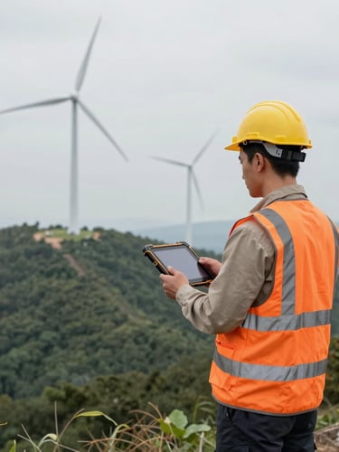 Overcast daylight shot of a field engineer in high-visibility orange vest holding a rugged tablet, standing on a wind farm ridge with turbines in background