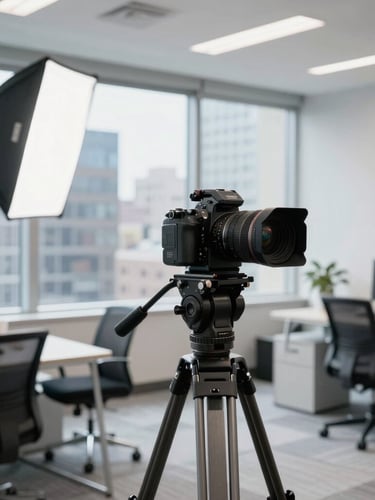 Polished behind-the-scenes content creation setup in a Toronto office, high-end camera on a tripod, studio lighting, professional and clean, 35mm