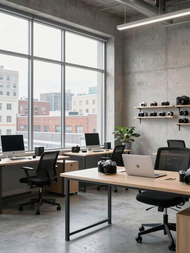 A sharp, modern Toronto creative studio with concrete walls, natural overcast daylight pouring through large windows, clean desks, 35mm photography