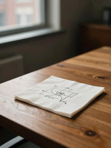 A warm, naturally lit Chicago office workspace, a wooden table with a simple paper napkin showing a hand-drawn diagram, soft window light, 35mm photography