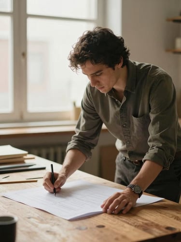 A candid medium shot of a business owner in a naturally lit workshop, reviewing plans on a wooden table, warm tones, shallow depth of field, 35mm