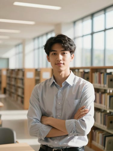Medium portrait shot of a confident young scholar in a modern, sunlit university library, warm daylight, 35mm lens