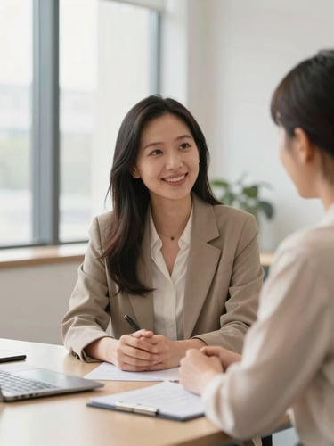 Focused professional career counseling session, warm window light, clean modern office space, professional atmosphere