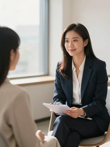A professional career counselor sitting with a student in a bright modern office, natural window light, warm tones, professional academic setting, 35mm lens