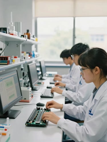 Bright educational photography of a modern high-tech laboratory, students working with digital screens and microcontrollers under soft natural window light.