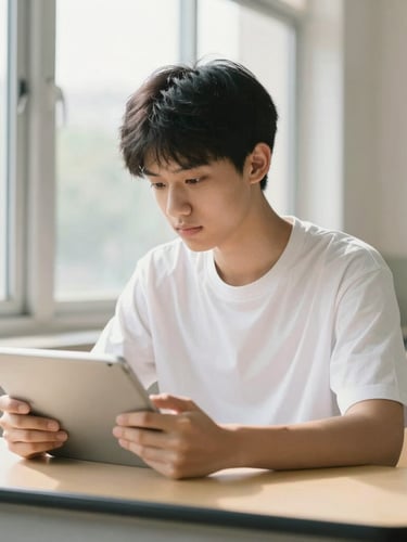 Medium shot of a focused high school student studying with a tablet near a bright window, natural daylight, professional academic setting, soft warm tones, 35mm lens