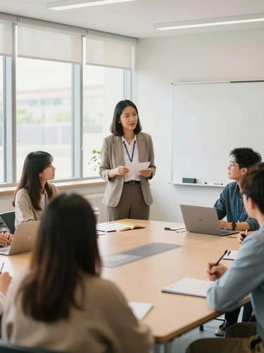 A collaborative teacher workshop in a bright modern seminar room, natural daylight from large windows, focused educators discussing curriculum design, professional atmosphere, 35mm lens