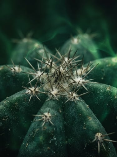 Extreme macro botanical photography of a sacred cactus structure, dramatic natural lighting, deep forest green background with subtle ultraviolet color leaks, 35mm lens, shallow depth of field