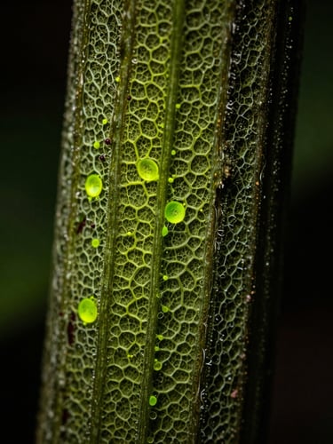 Macro photography of an entheogenic plant stem showing intricate cellular patterns, dramatic natural light with subtle neon green highlights, shallow depth of field, 35mm